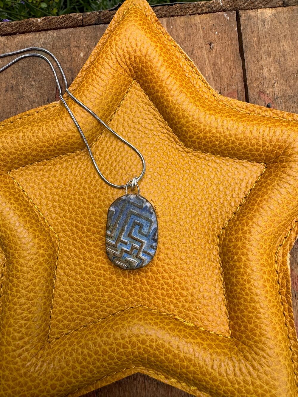 Boho Oval Necklace Blue Pendant Handcrafted Ceramic Necklace Medallion